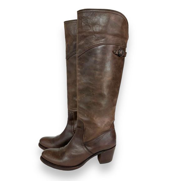 Frye Boots Womens 9.5 B Jane Knee High Tall Cuff Riding Brown Leather 2.75" Heel - Picture 2 of 13
